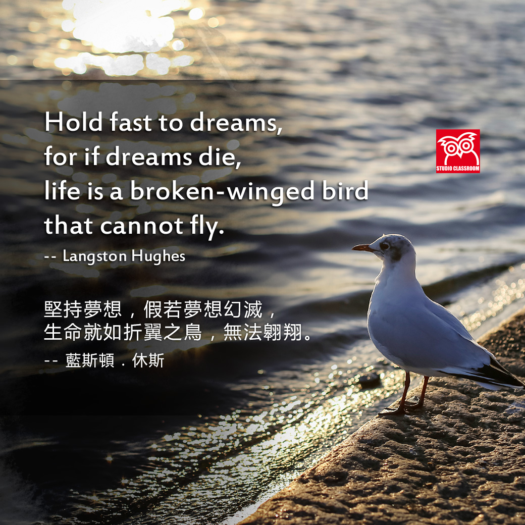 Hold fast to dreams, for if dreams die, life is a broken-winged bird that cannot fly.
<p>--Langston Hughes</p>